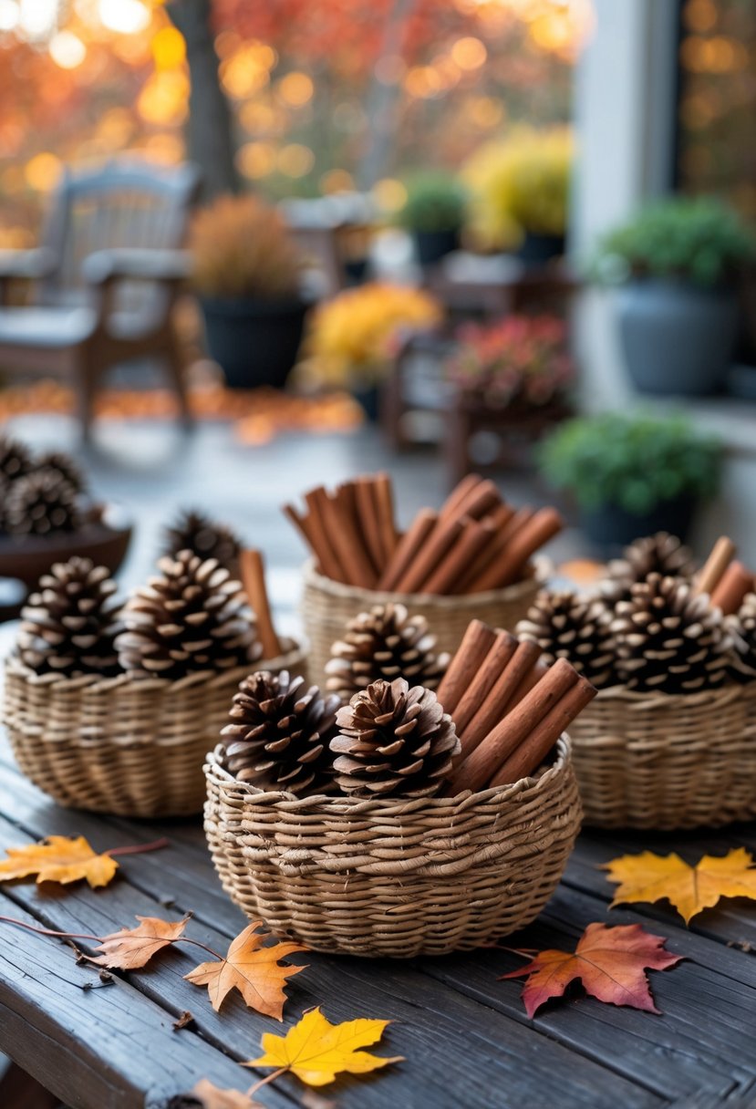 Woven baskets filled with pinecones and cinnamon sticks arranged on a wooden patio table surrounded by autumn leaves.