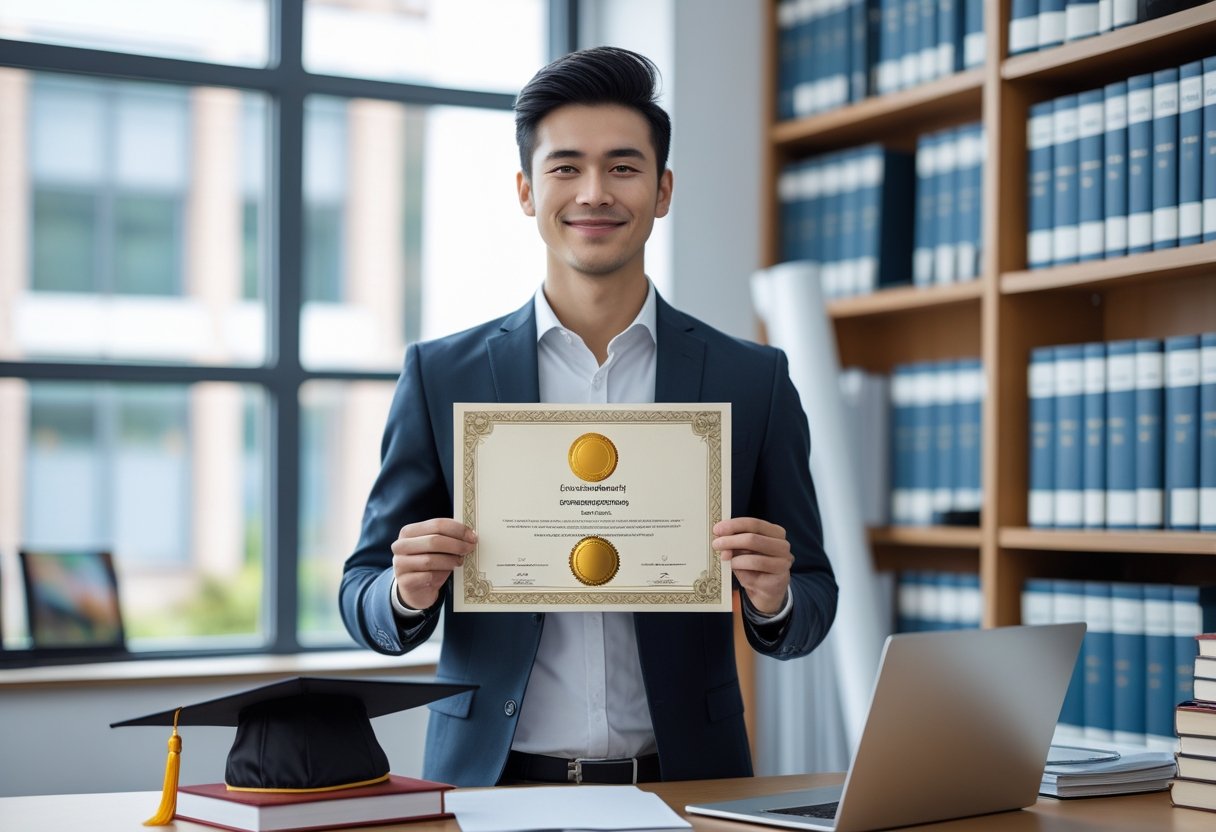یک فرد جوان با لباسی رسمی در یک دفتر مدرن ایستاده و خرید مدرک معتبر