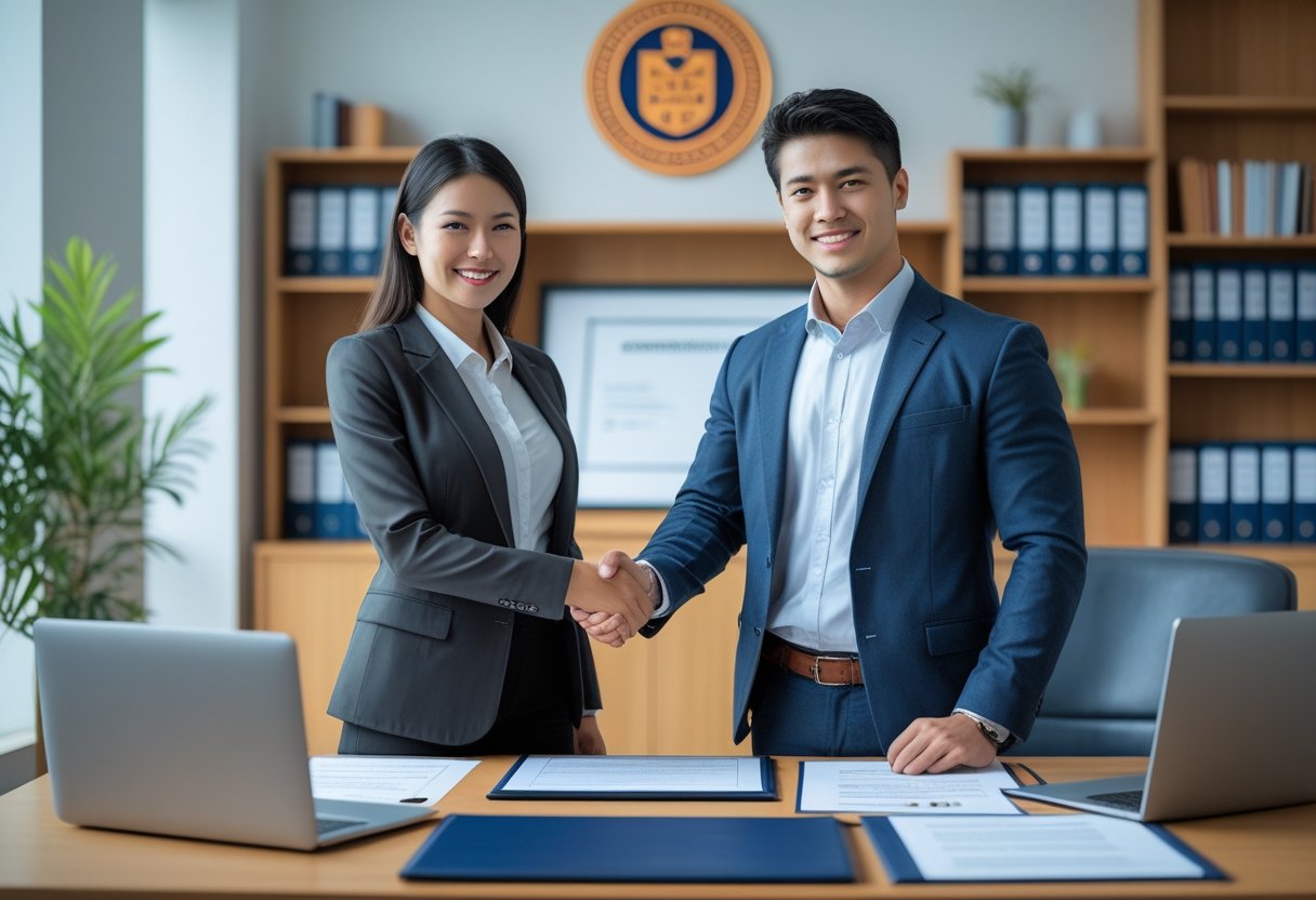 دو فرد جوان در لباس رسمی در یک دفتر مدرن دست می‌دهند، روی میز مدارک تحصیلی و لپ‌تاپ قرار دارد.