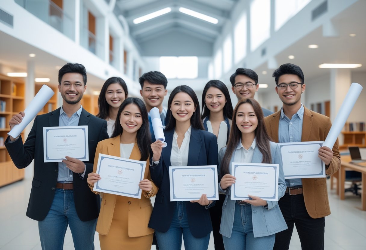 گروهی از دانشجویان جوان در محیط دانشگاهی مدرن، در حال جشن گرفتن خرید مدرک معتبر و با استعلام هستند