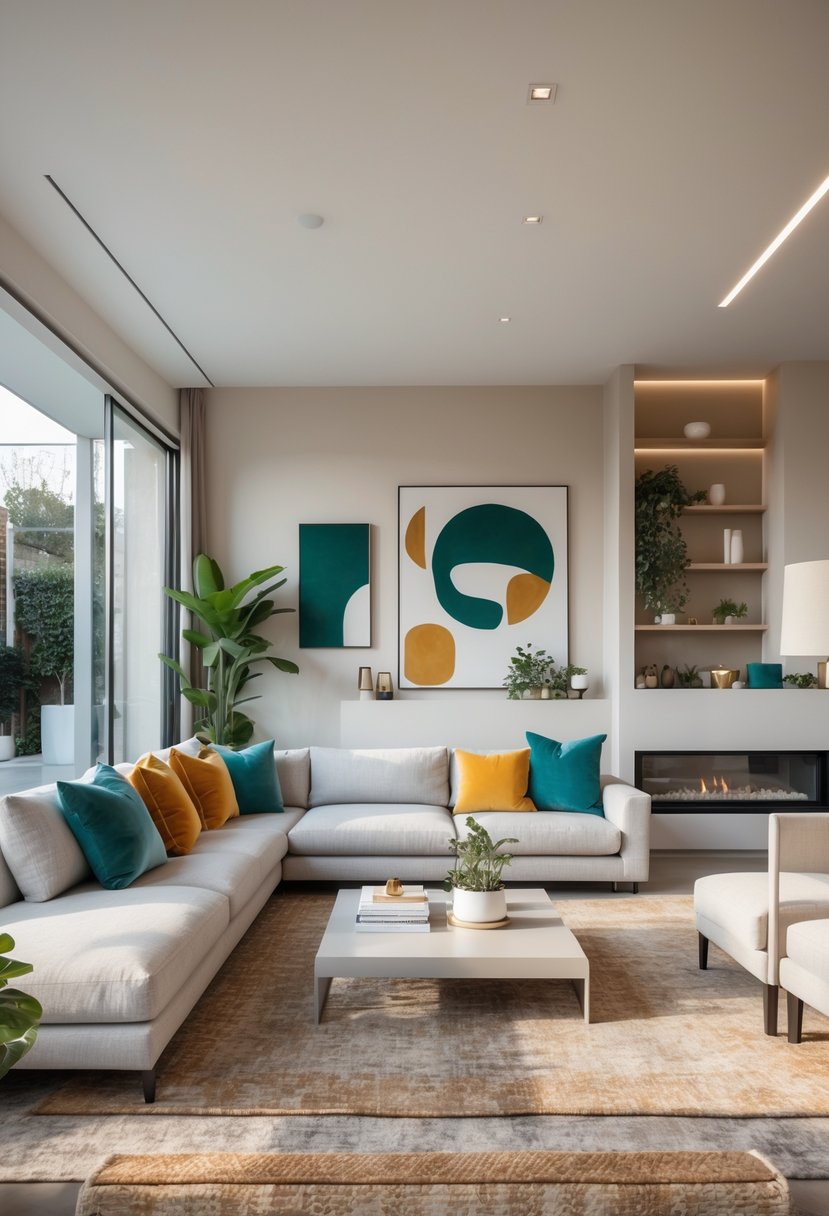 Living Room Makeover Ideas 2026: 21 Fresh Ways to Transform Your Space 2 A bright living room with a gray sectional sofa, colorful pillows, a coffee table, fireplace, built-in shelves, and large windows letting in natural light.