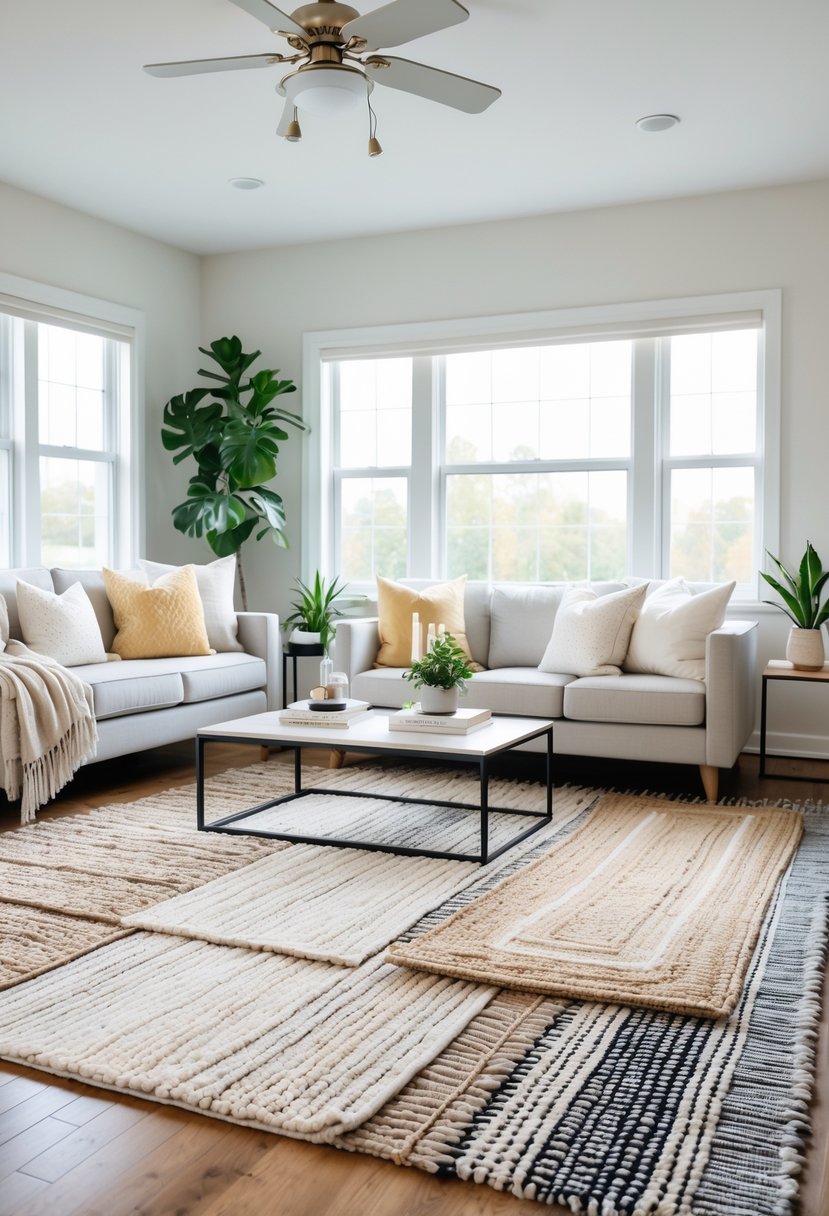 Living Room Makeover Ideas 2026: 21 Fresh Ways to Transform Your Space 3 A living room with layered rugs on the floor, a sofa, coffee table, and plants, filled with natural light.