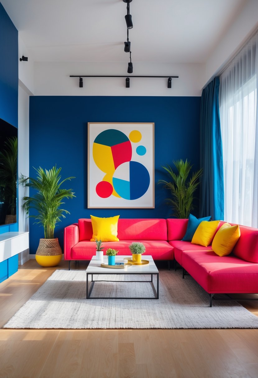 Living Room Makeover Ideas 2026: 21 Fresh Ways to Transform Your Space 4 A modern living room with a blue accent wall, red sofa, yellow pillows, large windows, wooden floor, and green plants.