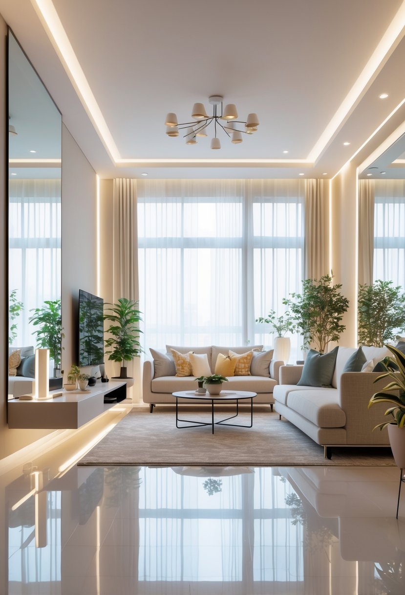 Living Room Makeover Ideas 2026: 21 Fresh Ways to Transform Your Space 5 A modern living room with large mirrors on the walls, comfortable seating, and natural light creating a spacious and inviting atmosphere.