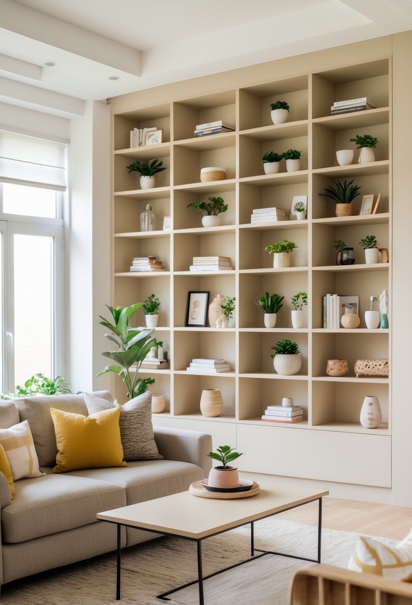 Living Room Makeover Ideas 2026: 21 Fresh Ways to Transform Your Space 6 A modern living room with built-in wall shelves filled with books, plants, and decorative items, a sofa, and a coffee table under natural light.
