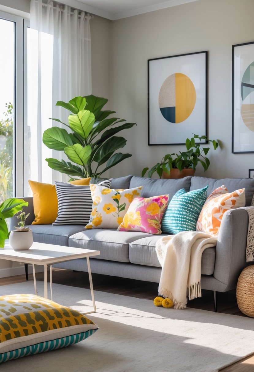 Living Room Makeover Ideas 2026: 21 Fresh Ways to Transform Your Space 7 A living room with a sofa covered in various patterned cushions, a coffee table, a plant, and framed artwork on the walls.