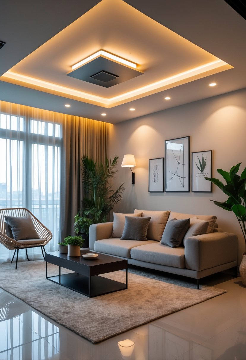 Living Room Makeover Ideas 2026: 21 Fresh Ways to Transform Your Space 9 A living room with dimmable lighting creating a warm and cozy atmosphere, featuring a sofa, coffee table, plants, and large windows.