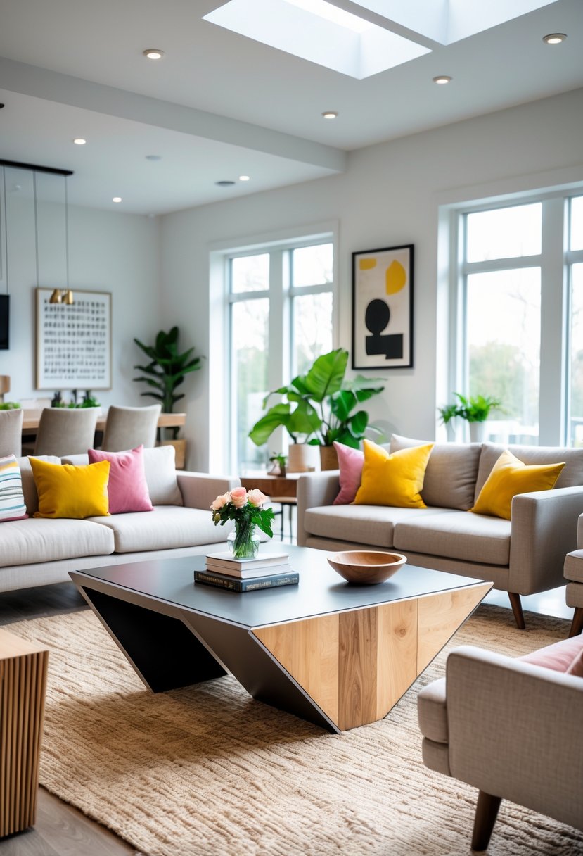 Living Room Makeover Ideas 2026: 21 Fresh Ways to Transform Your Space 10 A bright living room with a unique coffee table surrounded by sofas, cushions, plants, and wall art.