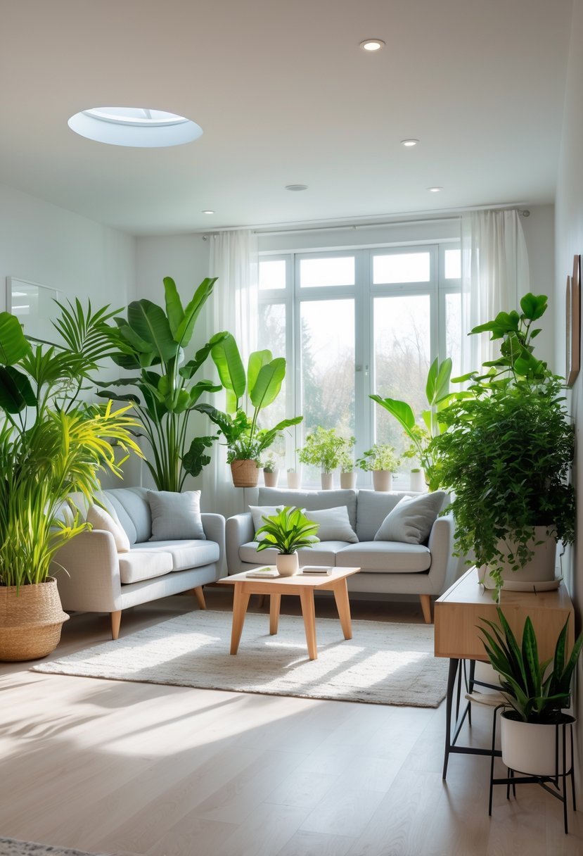 Living Room Makeover Ideas 2026: 21 Fresh Ways to Transform Your Space 11 A living room with a sofa, coffee table, and various indoor plants placed around the space near windows and on furniture.