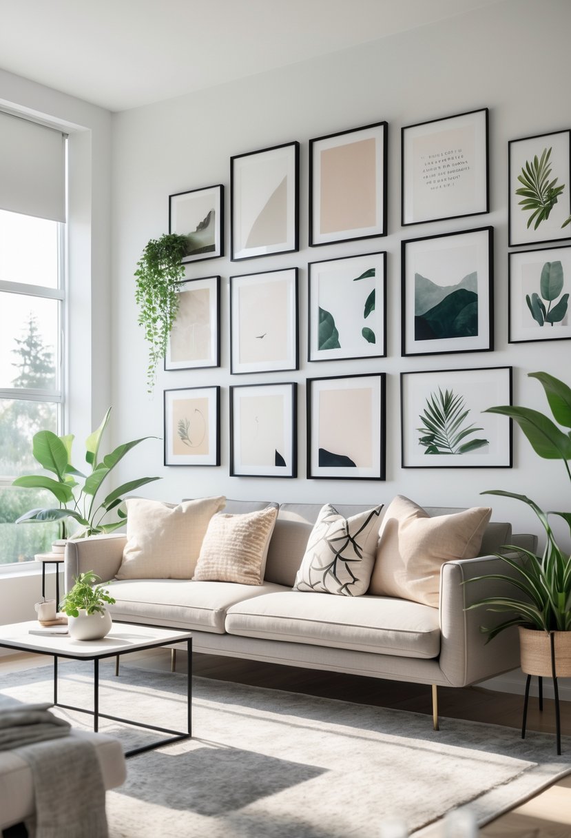 Living Room Makeover Ideas 2026: 21 Fresh Ways to Transform Your Space 12 A living room with a sofa beneath a wall decorated with multiple framed artworks arranged in a gallery style.