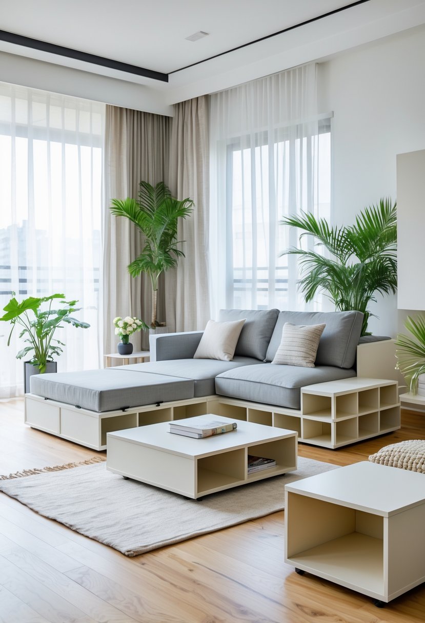 Living Room Makeover Ideas 2026: 21 Fresh Ways to Transform Your Space 13 A living room with multifunctional furniture including a sofa bed, storage coffee table, and modular shelves, lit by natural light from large windows.