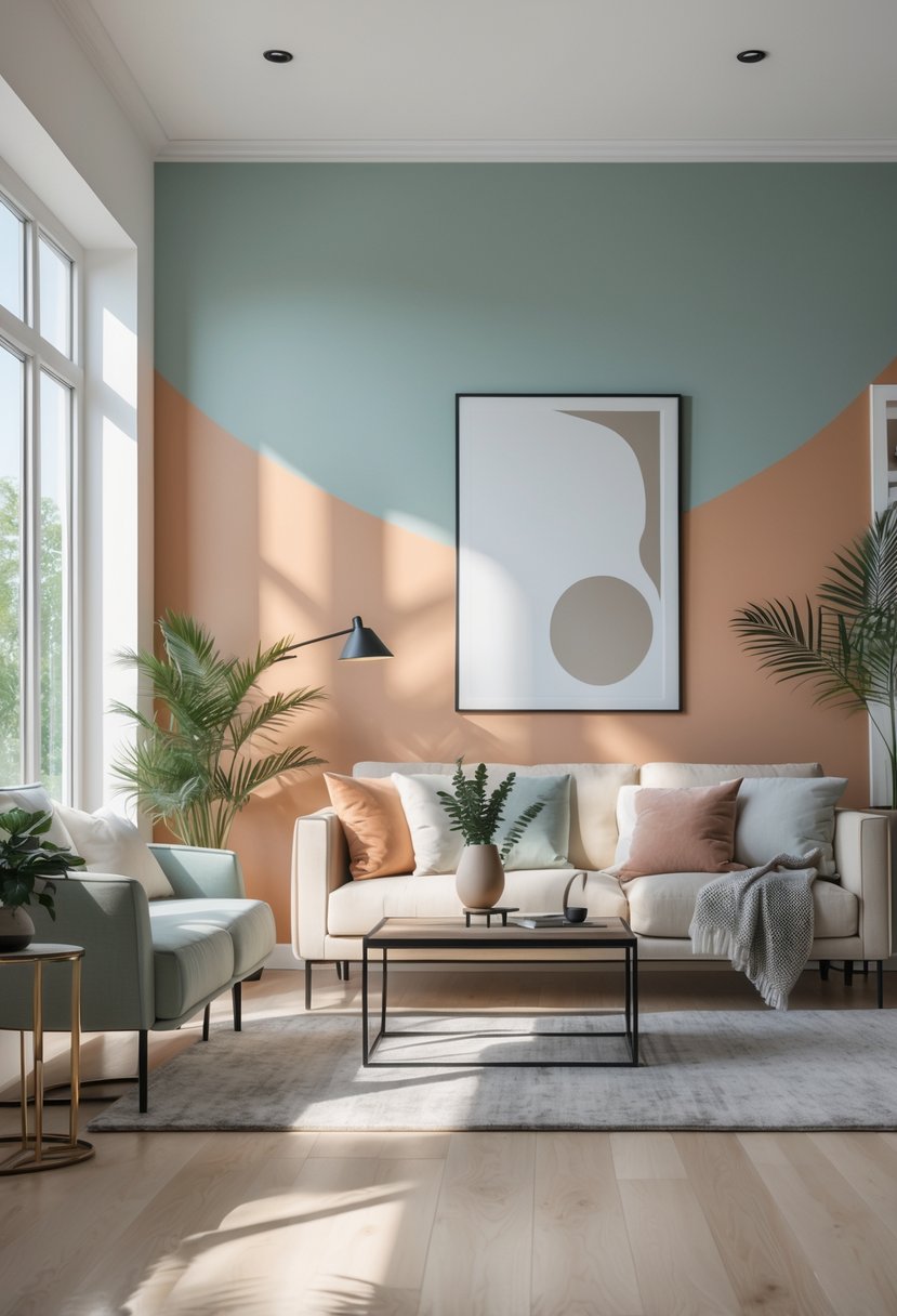 Living Room Makeover Ideas 2026: 21 Fresh Ways to Transform Your Space 14 A bright living room with a freshly painted colorful accent wall, modern furniture, and natural light coming through large windows.
