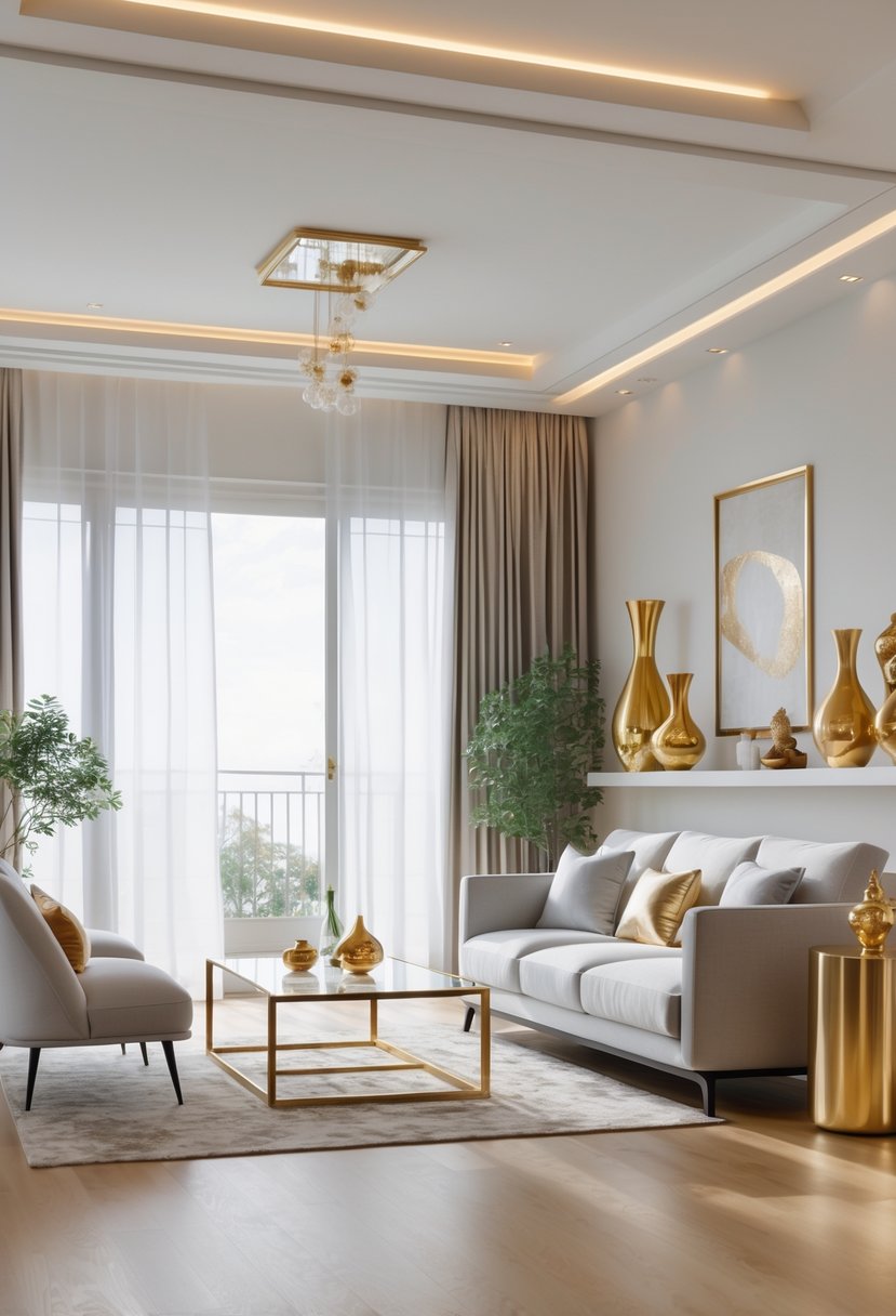 Living Room Makeover Ideas 2026: 21 Fresh Ways to Transform Your Space 15 A modern living room with a gray sofa, glass coffee table with gold legs, metallic decorative accents, wooden floor, large windows, and plants.