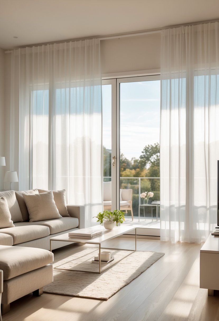 Living Room Makeover Ideas 2026: 21 Fresh Ways to Transform Your Space 16 A sunlit living room with sheer white curtains, a sofa, coffee table, and large windows letting in natural light.