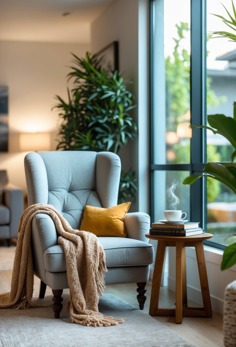 Living Room Makeover Ideas 2026: 21 Fresh Ways to Transform Your Space 17 A cozy reading nook with a comfortable armchair, side table with books and tea, near a window in a living room.