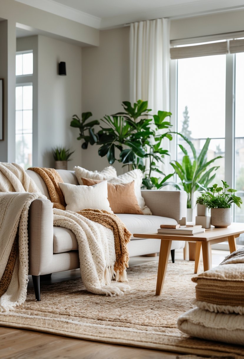 Living Room Makeover Ideas 2026: 21 Fresh Ways to Transform Your Space 18 A cozy living room with a sofa and armchairs covered in textured throws and blankets, a wooden coffee table, green plants, and sunlight coming through large windows.