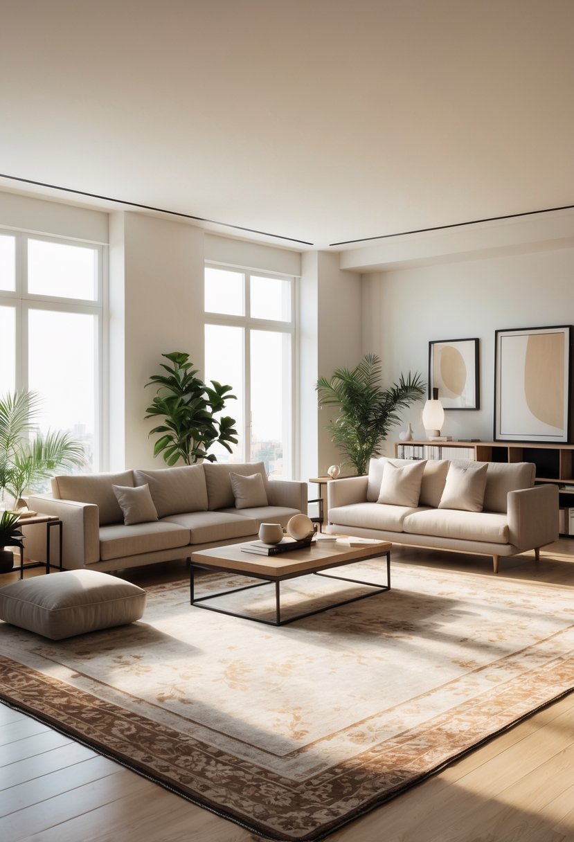 Living Room Makeover Ideas 2026: 21 Fresh Ways to Transform Your Space 19 A living room with a large area rug under a sofa set and coffee table, illuminated by natural light from windows.