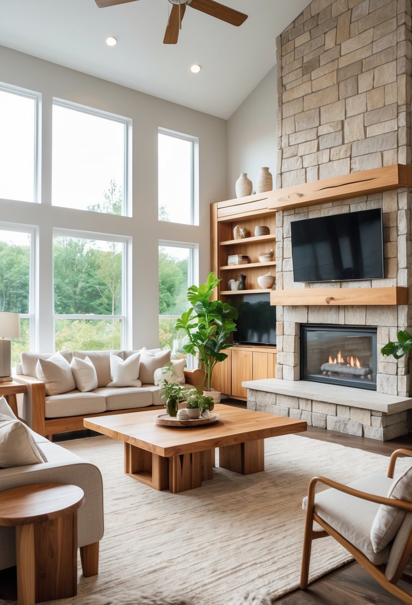 Living Room Makeover Ideas 2026: 21 Fresh Ways to Transform Your Space 20 A bright living room with wooden furniture, a stone fireplace, and green plants.