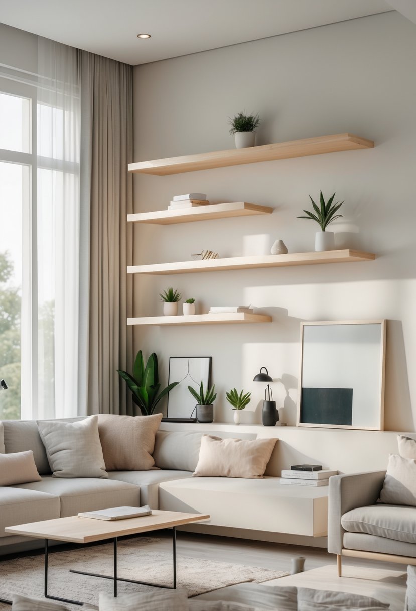 Living Room Makeover Ideas 2026: 21 Fresh Ways to Transform Your Space 21 A living room with floating shelves mounted on the wall holding plants and books, a sofa, and a coffee table.