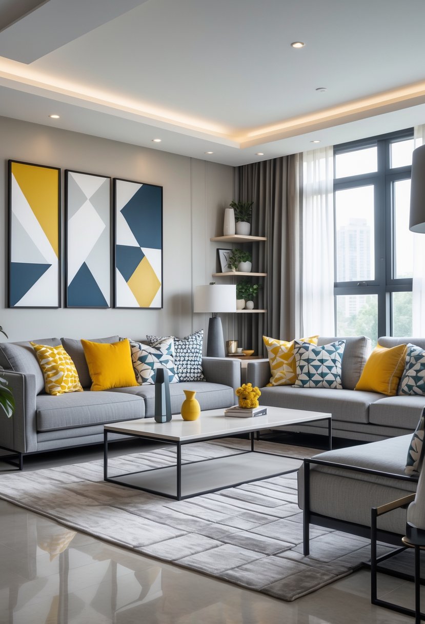 Living Room Makeover Ideas 2026: 21 Fresh Ways to Transform Your Space 22 A bright living room with a sofa, coffee table, large windows, and various geometric patterned decor elements like pillows, rugs, and wall art.