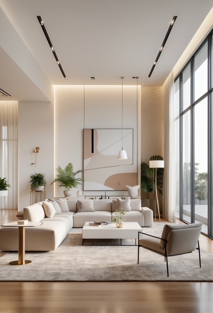 Living Room Makeover Ideas 2026: 21 Fresh Ways to Transform Your Space 24 A bright and spacious living room with a sofa, coffee table, large windows, plants, and modern lighting.
