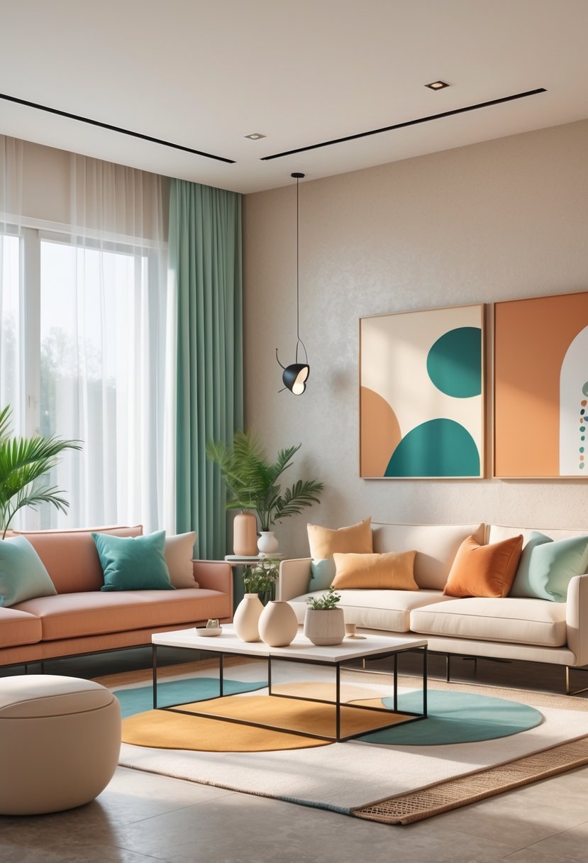 Living Room Makeover Ideas 2026: 21 Fresh Ways to Transform Your Space 25 A bright living room with a sofa, coffee table, plants, and large windows showing a calm and colorful interior design.