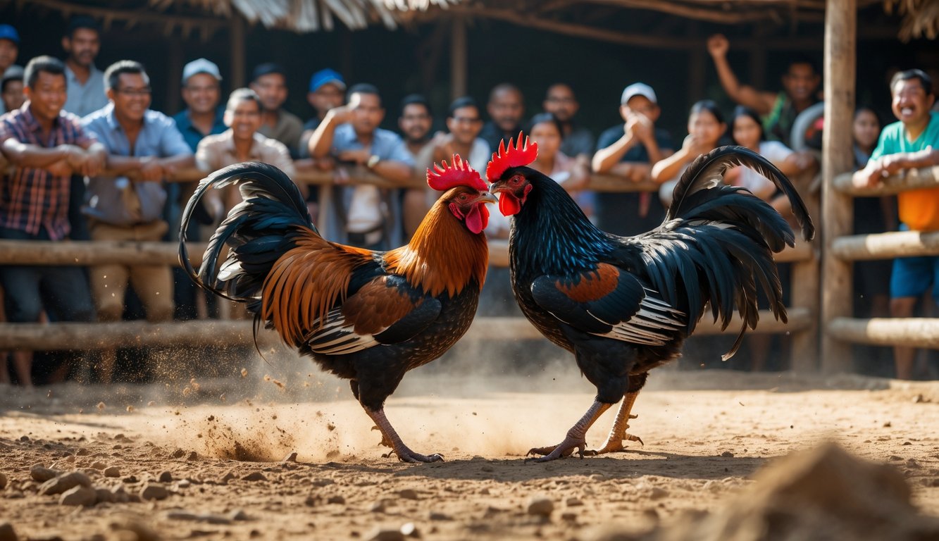 Dua ayam jago bertarung di arena dengan penonton yang antusias mengamati pertarungan tersebut.