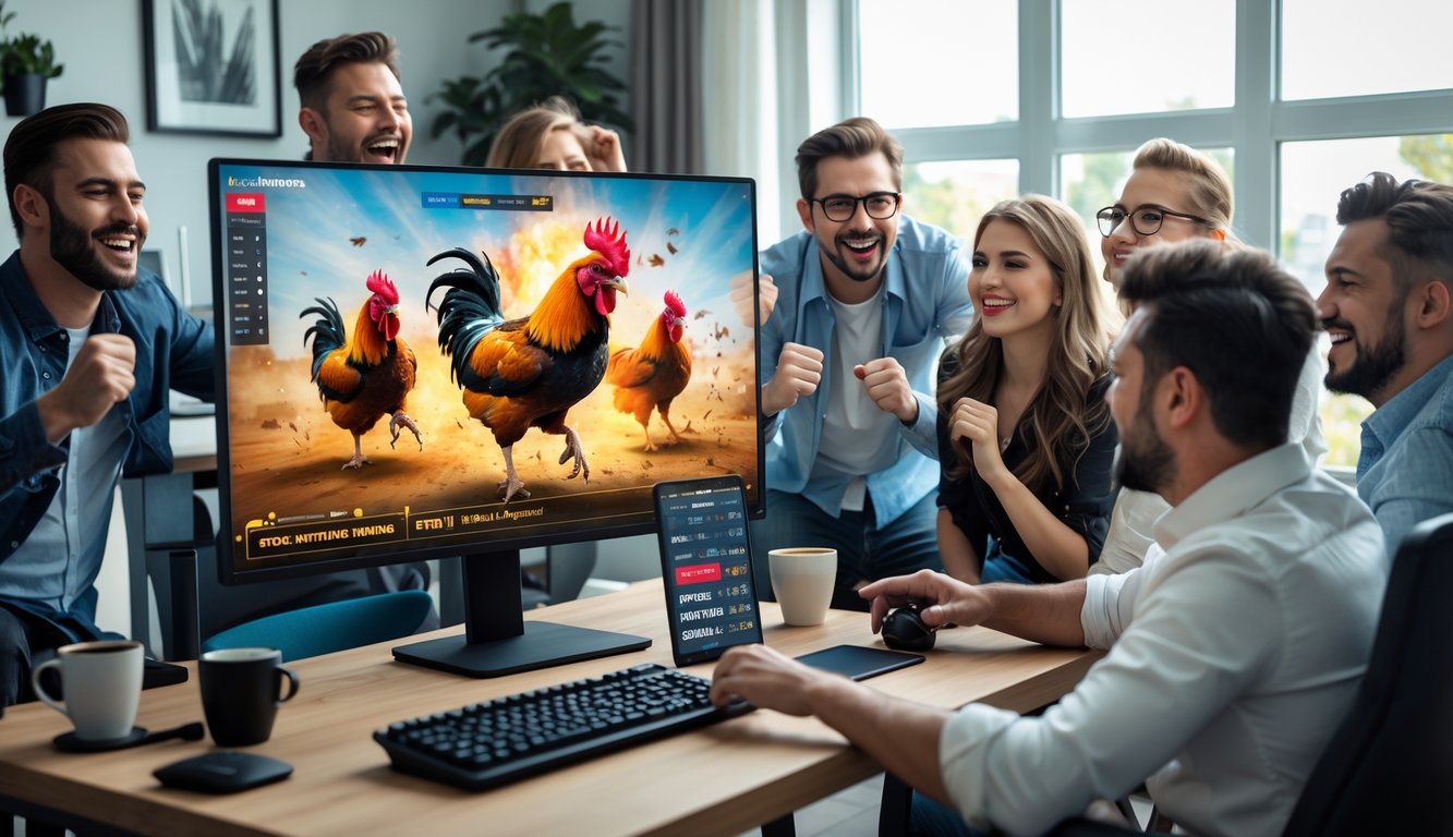 Beberapa orang sedang menonton pertandingan sabung ayam online di depan komputer di sebuah ruangan yang terang dan nyaman.