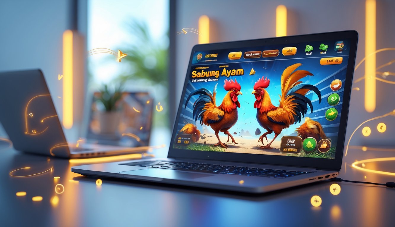 Seorang pengguna sedang bermain permainan sabung ayam online di perangkat digital dengan gambar dua ayam bertarung di layar.