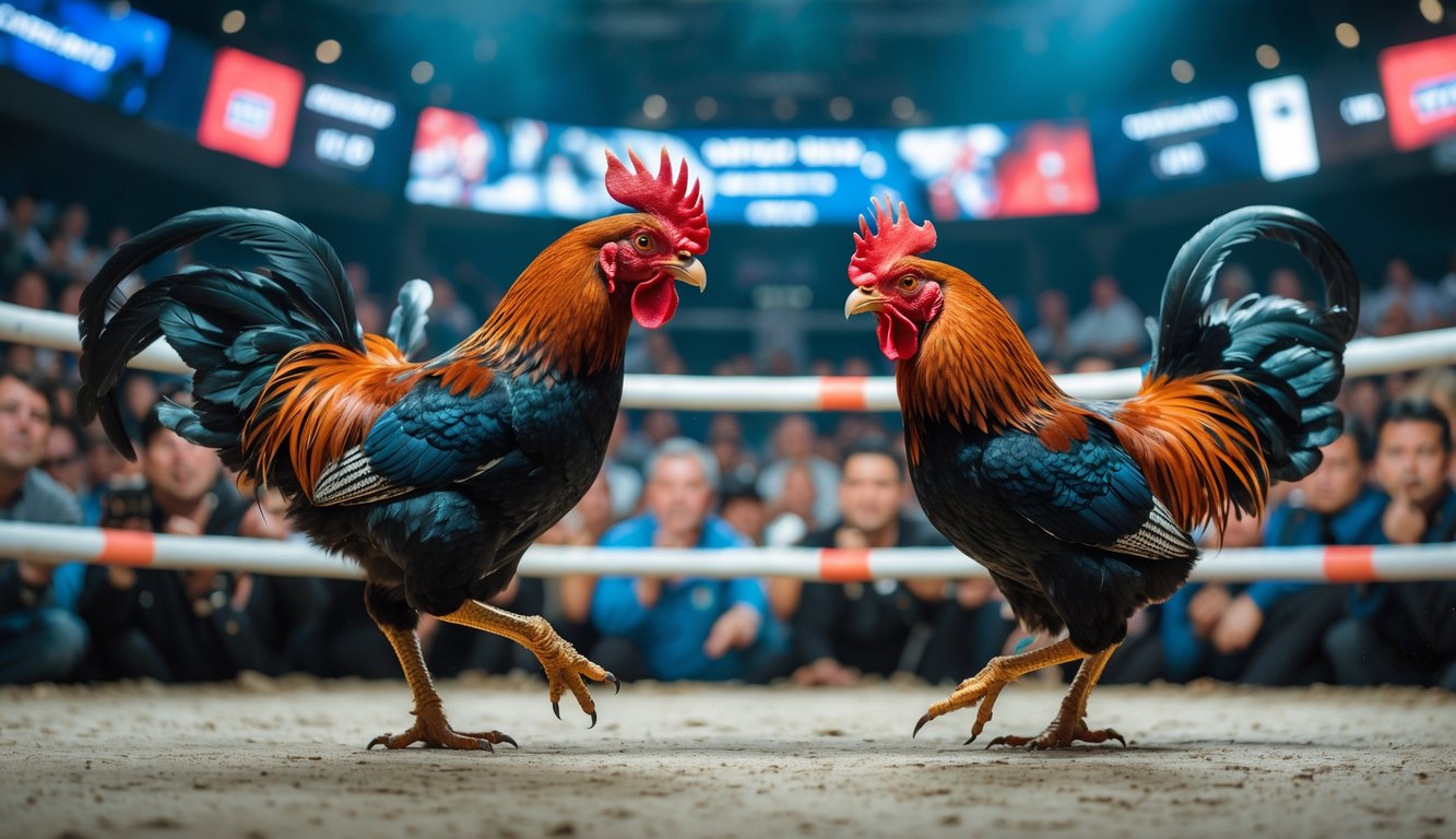 Dua ayam aduan sedang bertarung di arena dengan penonton yang antusias menyaksikan pertandingan.