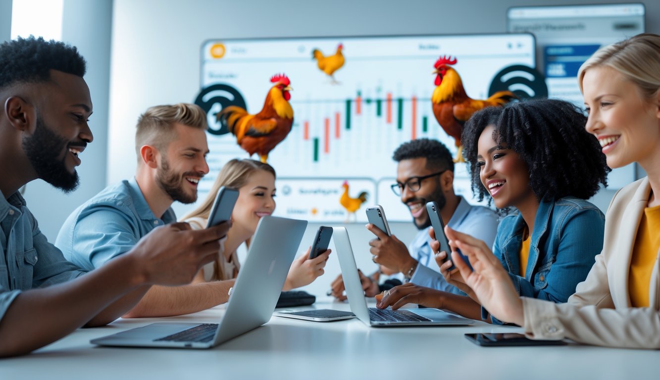 Sekelompok orang menggunakan perangkat digital dengan latar belakang elemen yang menunjukkan suasana kompetitif dan menarik.