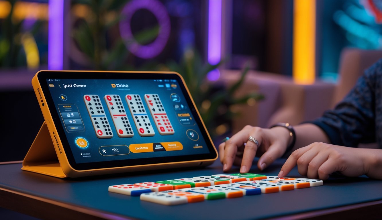 Seorang pemain menggunakan perangkat digital di meja permainan ceme online dengan suasana yang nyaman dan menarik.