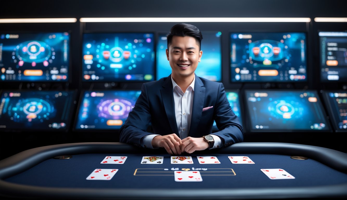 Seorang dealer profesional duduk di meja permainan digital dalam studio modern dengan monitor besar di latar belakang.