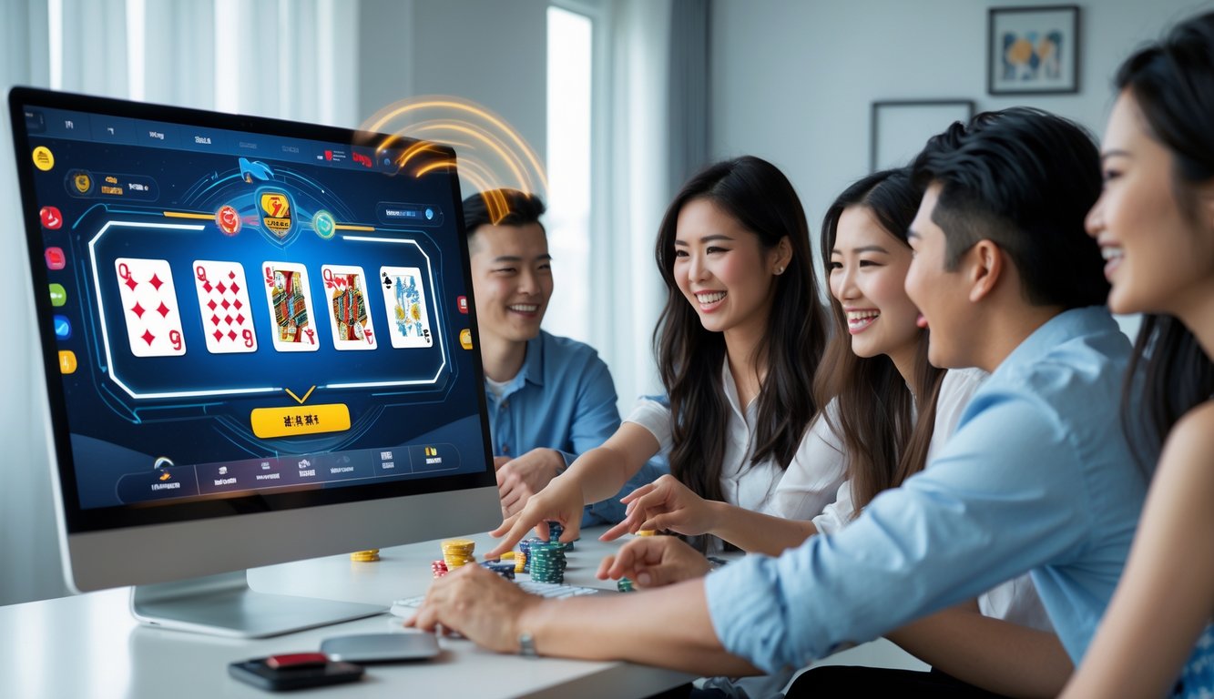 Sekelompok orang muda bermain permainan kartu Ceme secara online di depan layar komputer dengan suasana yang ceria dan fokus.