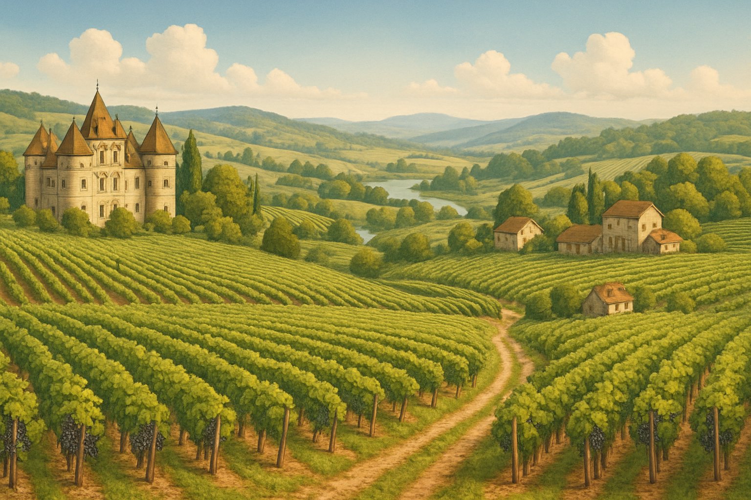 Panoramablick auf die Weinregion Burgund mit sanften Hügeln, Weinreben, traditionellen Weingütern und einem Fluss im Tal.