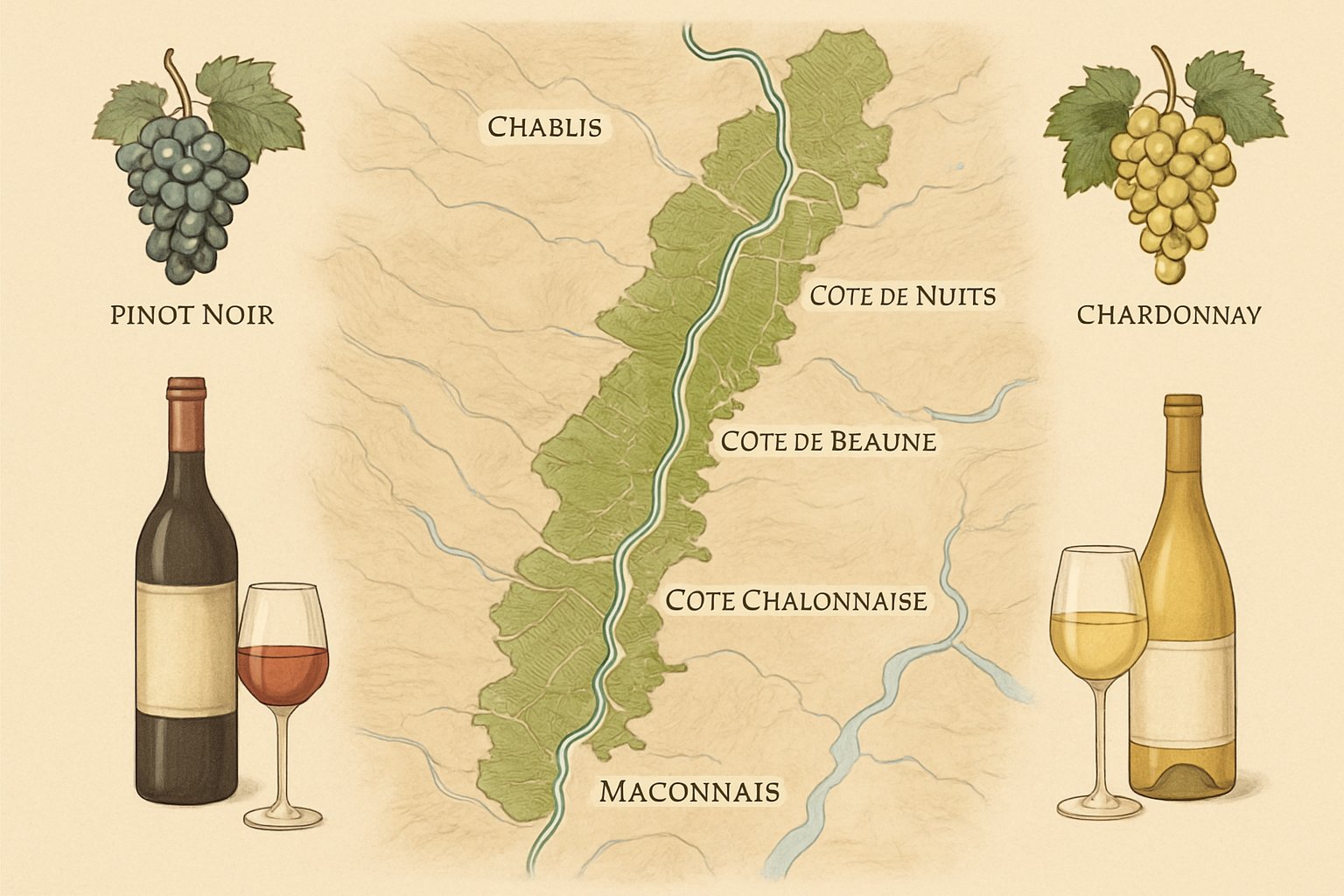 Karte der Weinregion Burgund mit hervorgehobenen wichtigen Anbaugebieten und Appellationen, umgeben von Symbolen für typische Traubensorten und Weinflaschen.
