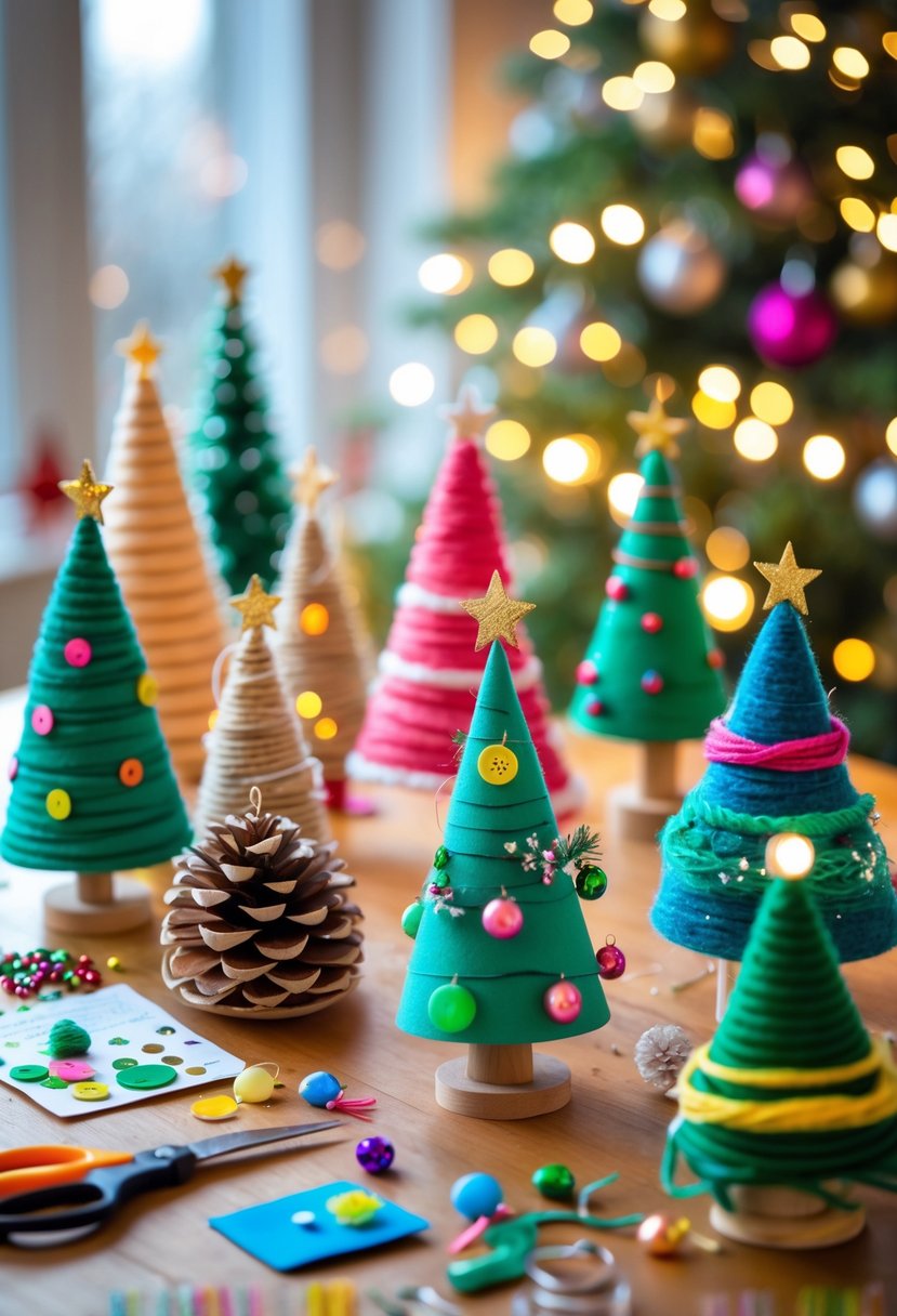 A table displaying 15 different handmade miniature Christmas trees made from various craft materials with crafting supplies around them.