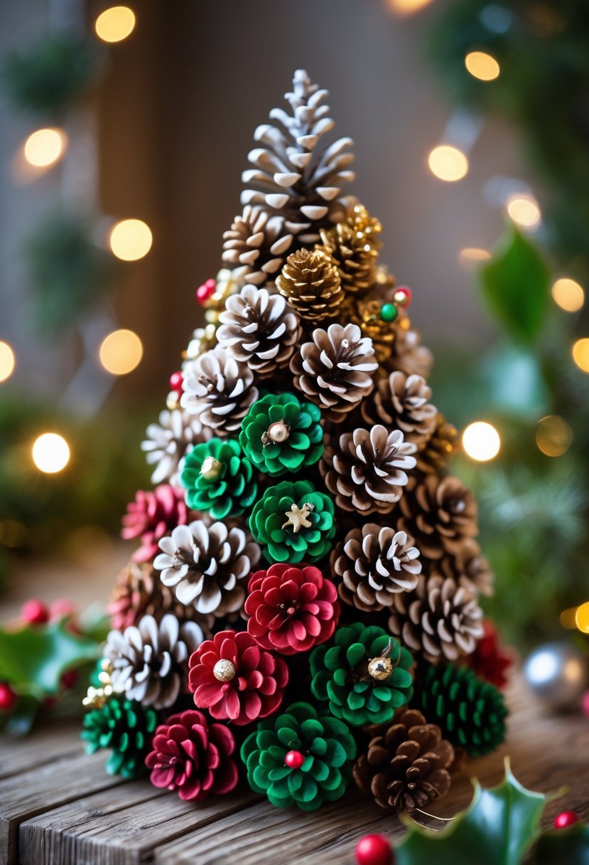 A Christmas tree made from painted and decorated pine cones arranged in a conical shape on a wooden surface with holiday decorations in the background.