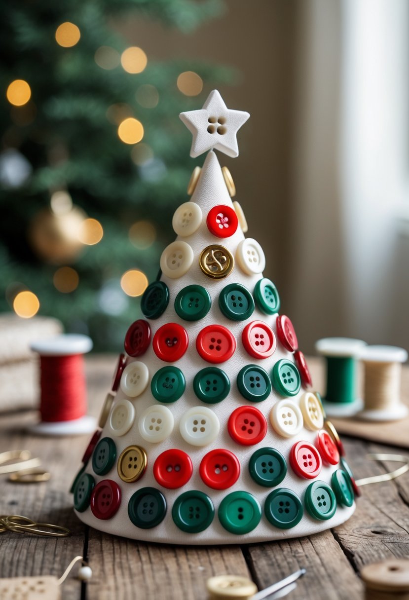A colorful Christmas tree made of buttons arranged on a white canvas, placed on a wooden table with crafting supplies around it.