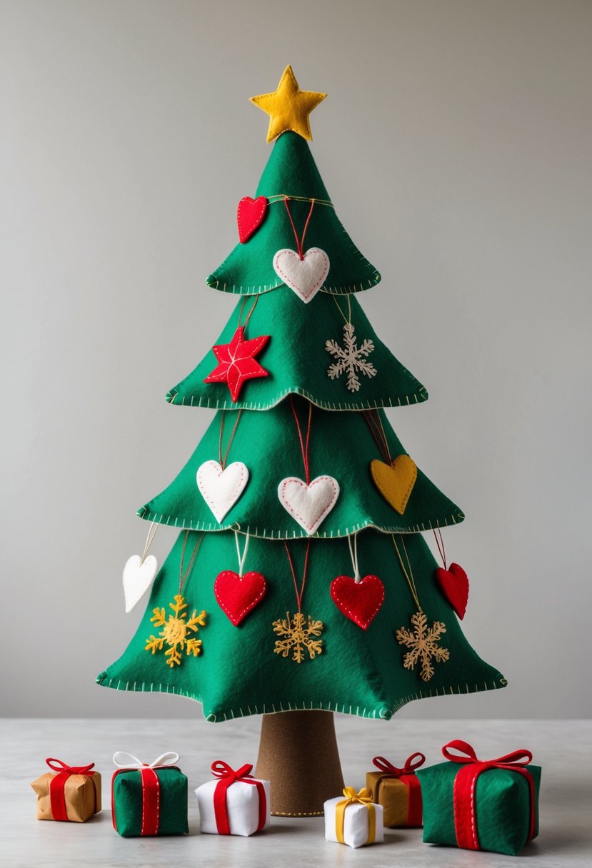 A felt Christmas tree decorated with colorful sewn ornaments displayed on a neutral background with additional felt ornaments around it.