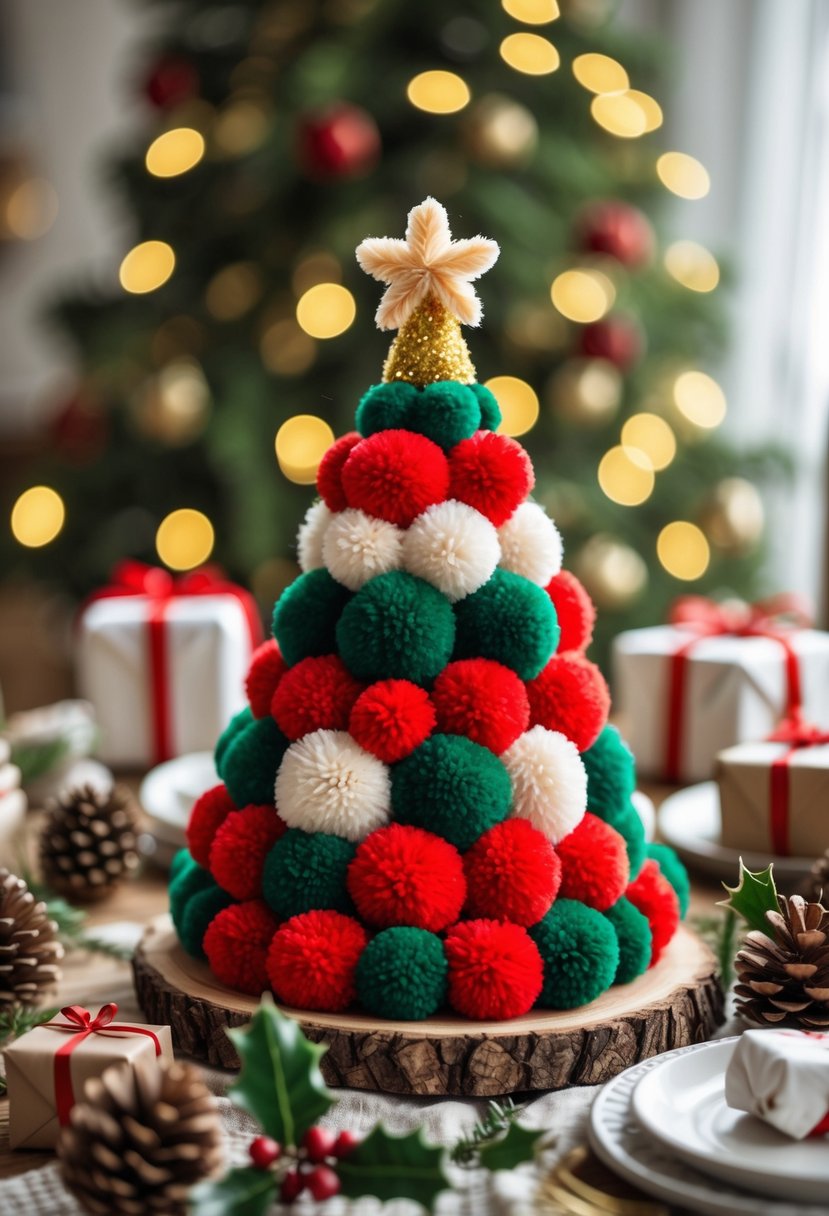 A colorful pom-pom Christmas tree centerpiece on a wooden table surrounded by pinecones and holiday decorations.