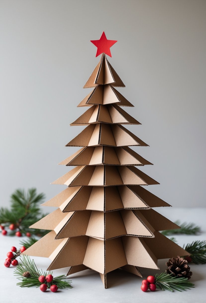 A layered cardboard Christmas tree sculpture displayed with small festive decorations on a neutral background.