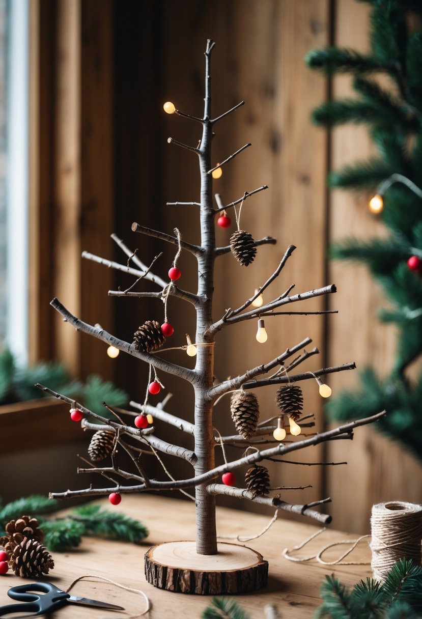 A rustic Christmas tree made from twigs and branches decorated with pine cones and red berries on a wooden surface with crafting materials nearby.
