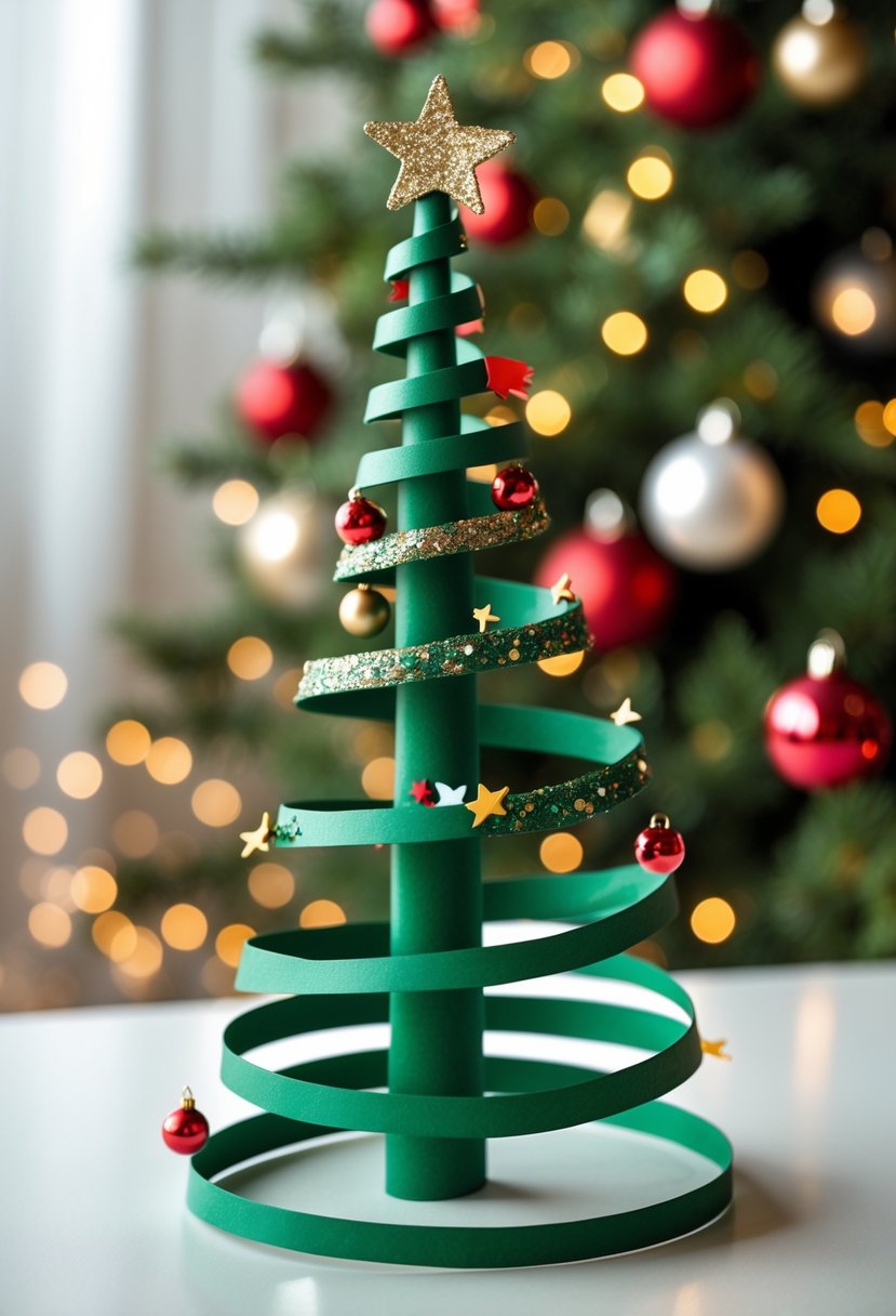 A spiral paper strip Christmas tree decorated with small ornaments on a white surface with a blurred festive background.