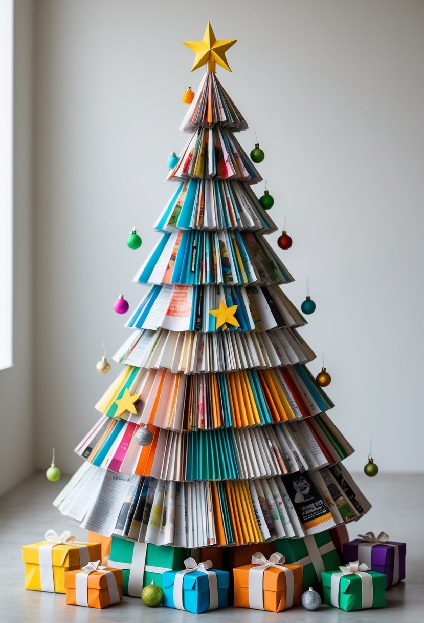 A Christmas tree made from folded recycled magazine pages with handmade paper ornaments, displayed on a neutral background.