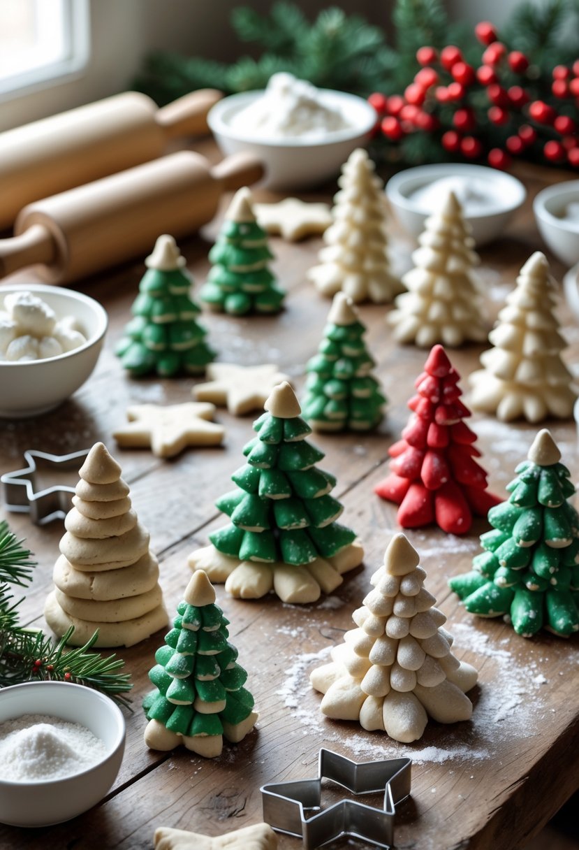 Close-up of handmade salt dough Christmas tree ornaments and craft supplies arranged on a wooden table.