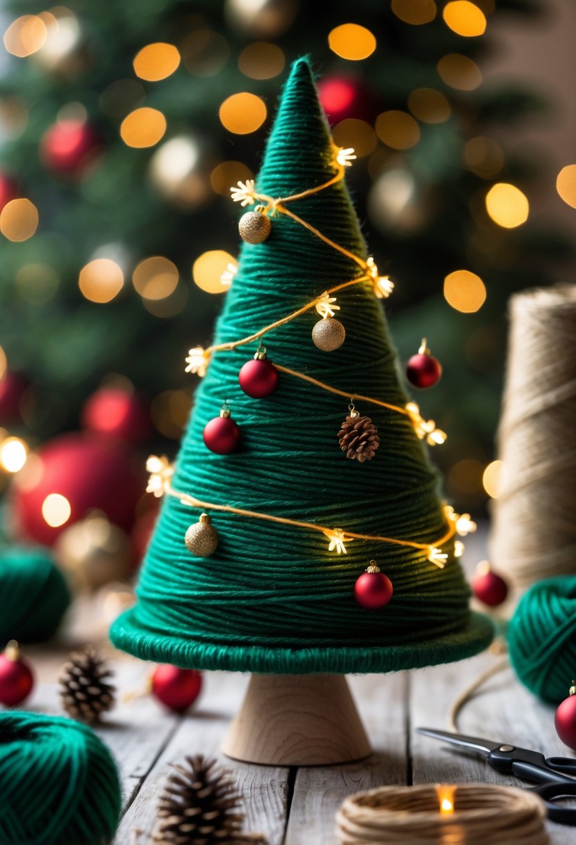 A Christmas tree shape made by wrapping green yarn around a wooden frame, decorated with small ornaments and fairy lights on a wooden table with crafting supplies.