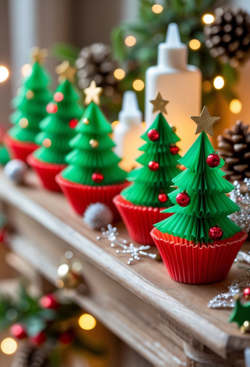A colorful Christmas tree garland made from cupcake liners displayed on a wooden surface with holiday craft supplies nearby.