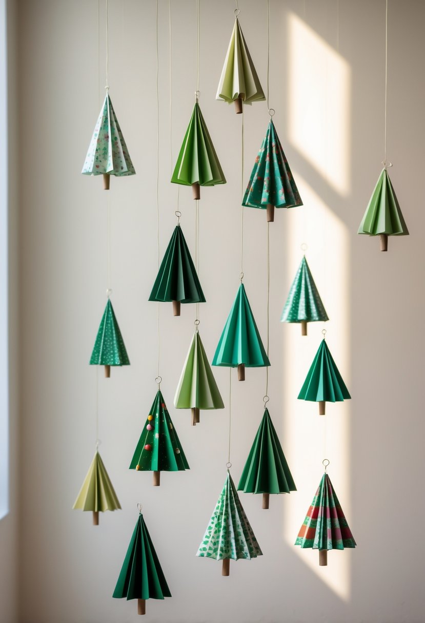 Several origami Christmas tree mobiles hanging at different heights against a plain background.