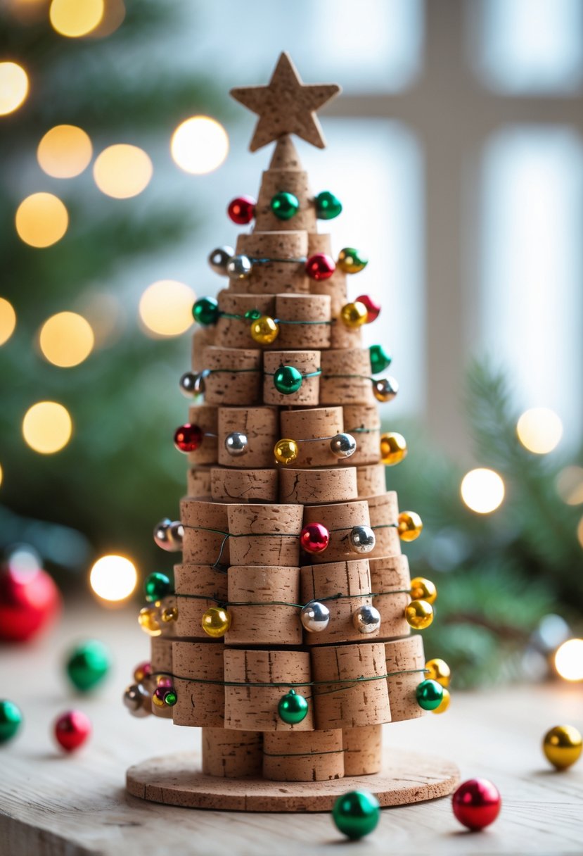 A small Christmas tree made from stacked corks decorated with colorful pins and beads on a wooden surface with festive lights in the background.